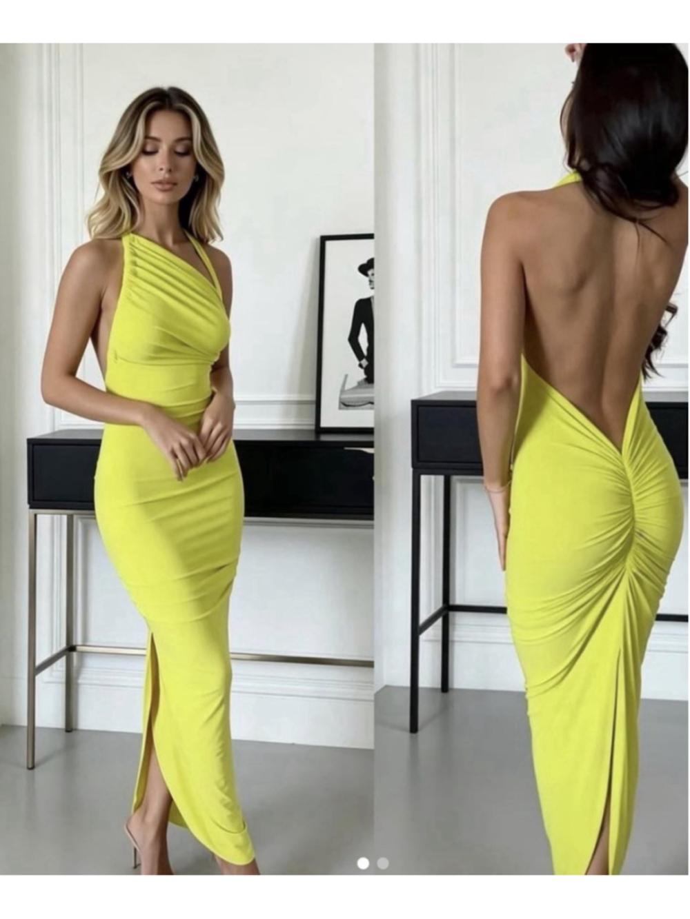 Micas Lime Green Asymmetric Maxi Back Open Summer Beach Vibes Vacation Dress L